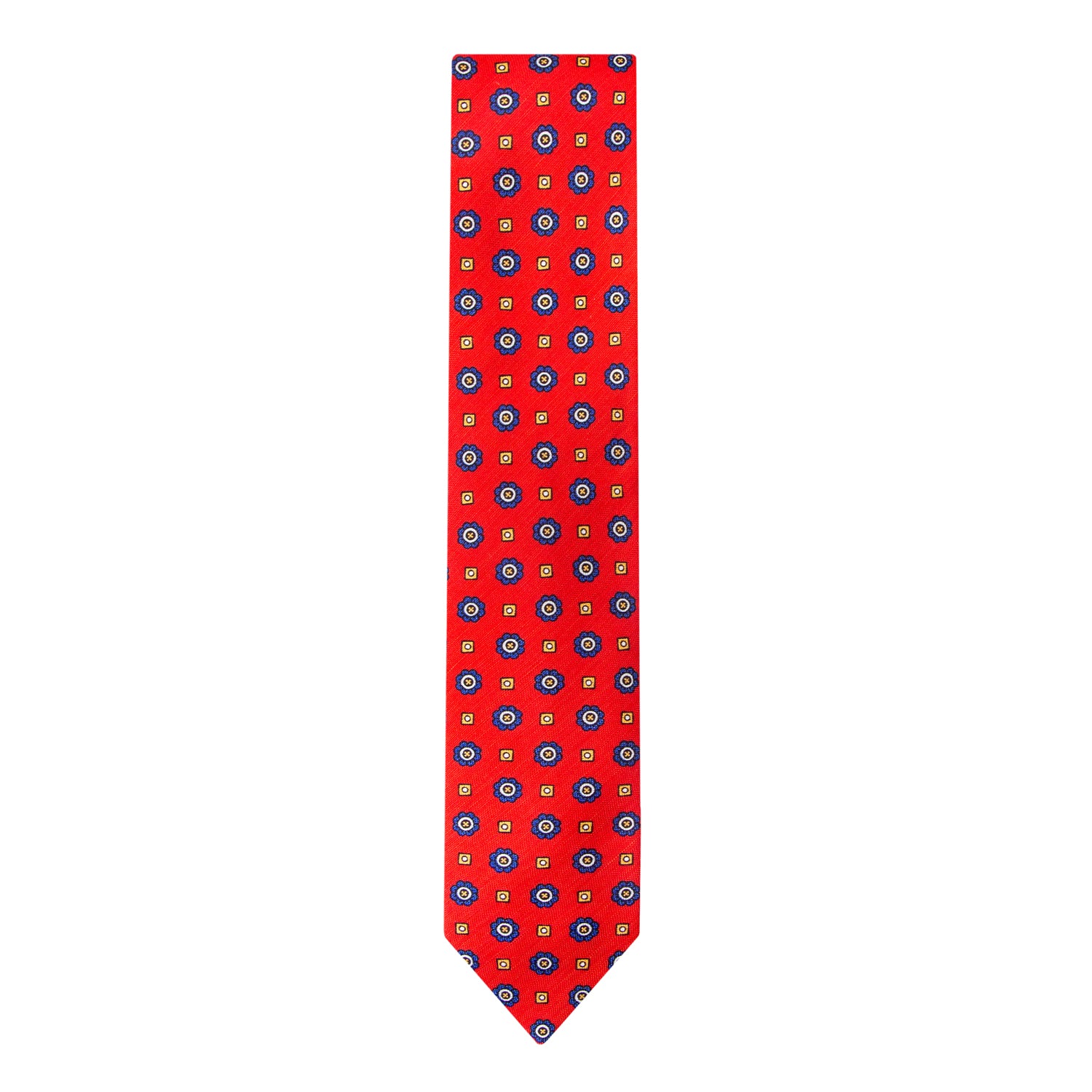 CORBATA EN SET CON PAÑUELO DE SEDA CON CUADROS AZULES Y PUNTOS ORO EN ROJO