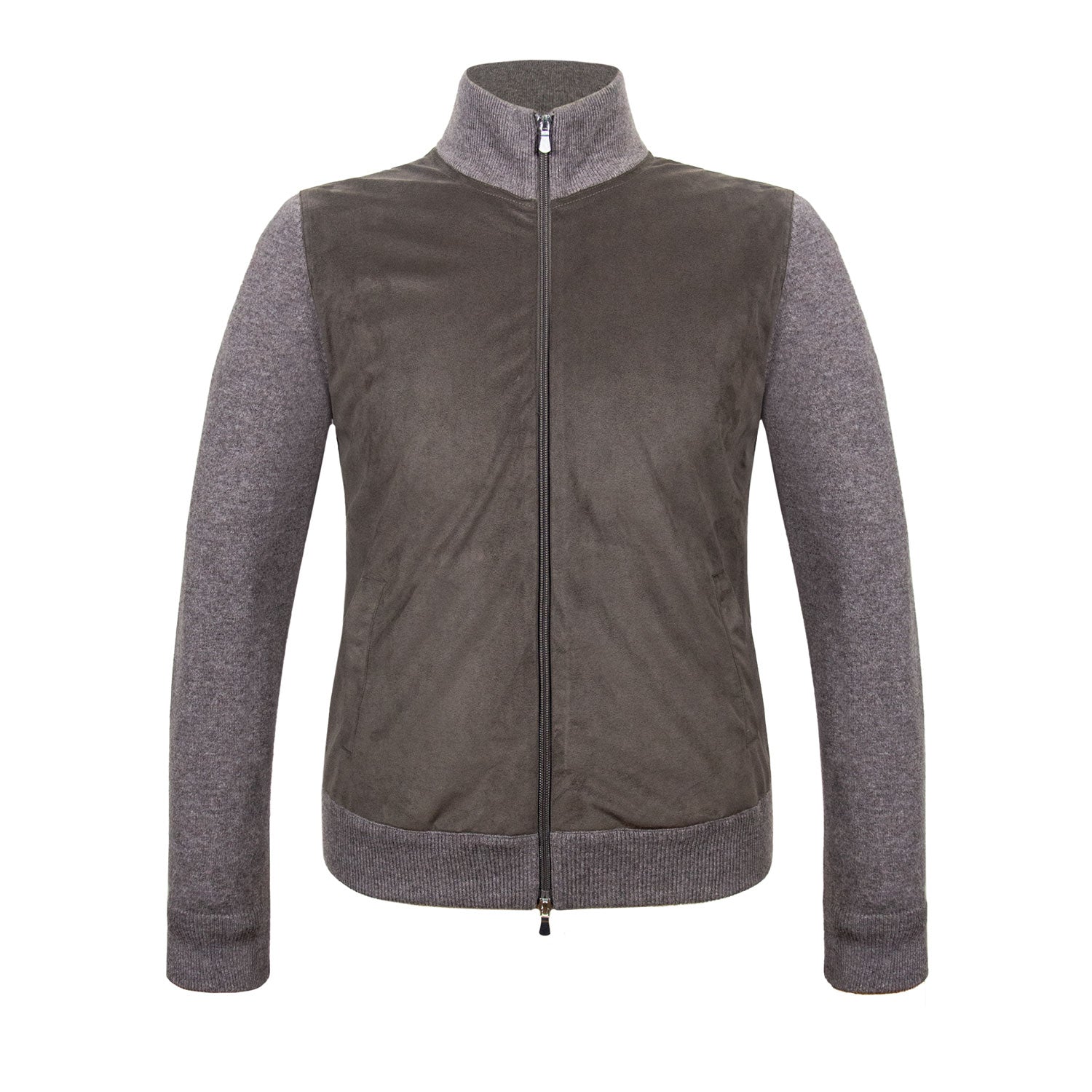 SUÉTER DE CASHMERE CON DELANTERO EN ALCANTARA COLOR MARRÓN