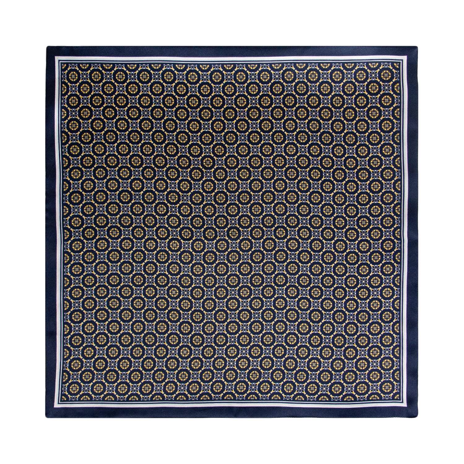 PAÑUELO DE SEDA CON GEOMETRÍAS DE CUADROS Y CÍRCULOS EN AZUL Y ORO