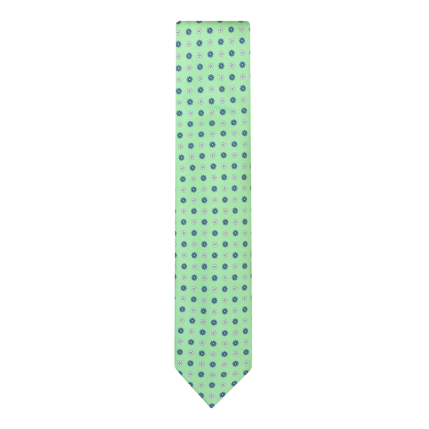 CORBATA 7 PLIEGUES EN SEDA WOOVEN CON FLORES EN BLANCO Y AZUL EN VERDE