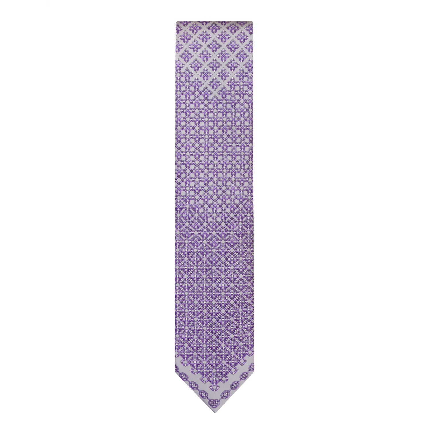 CORBATA EN SET CON PAÑUELO DE SEDA CON DIBUJOS GEOMÉTRICOS EN GRIS CLARO Y MORADO
