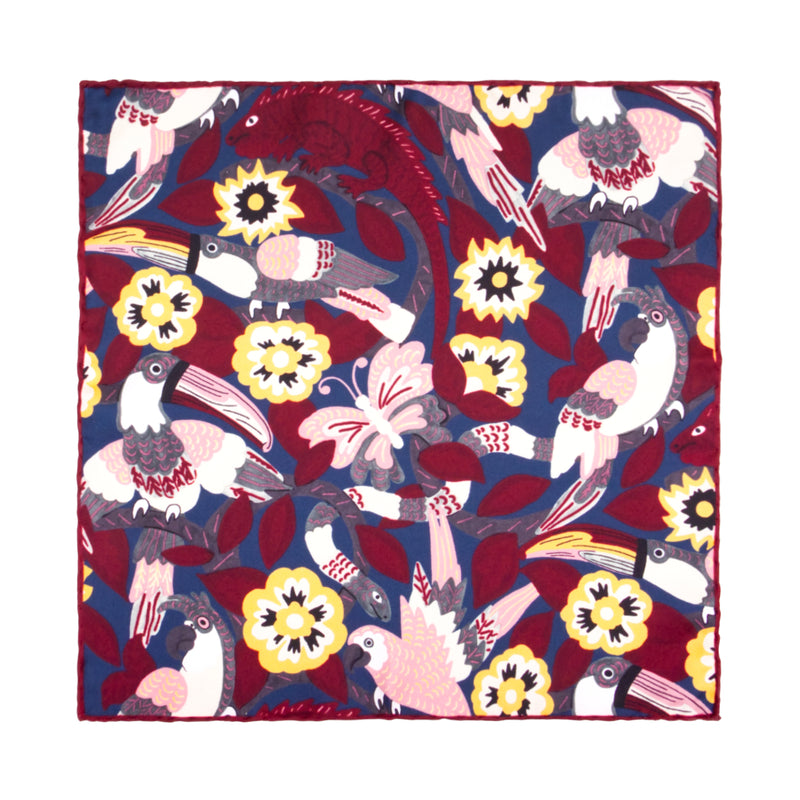 PAÑUELO DE SEDA CON FLORES EN COLOR BORDEAUX, AZUL MARINO, ROSA Y BLANCO