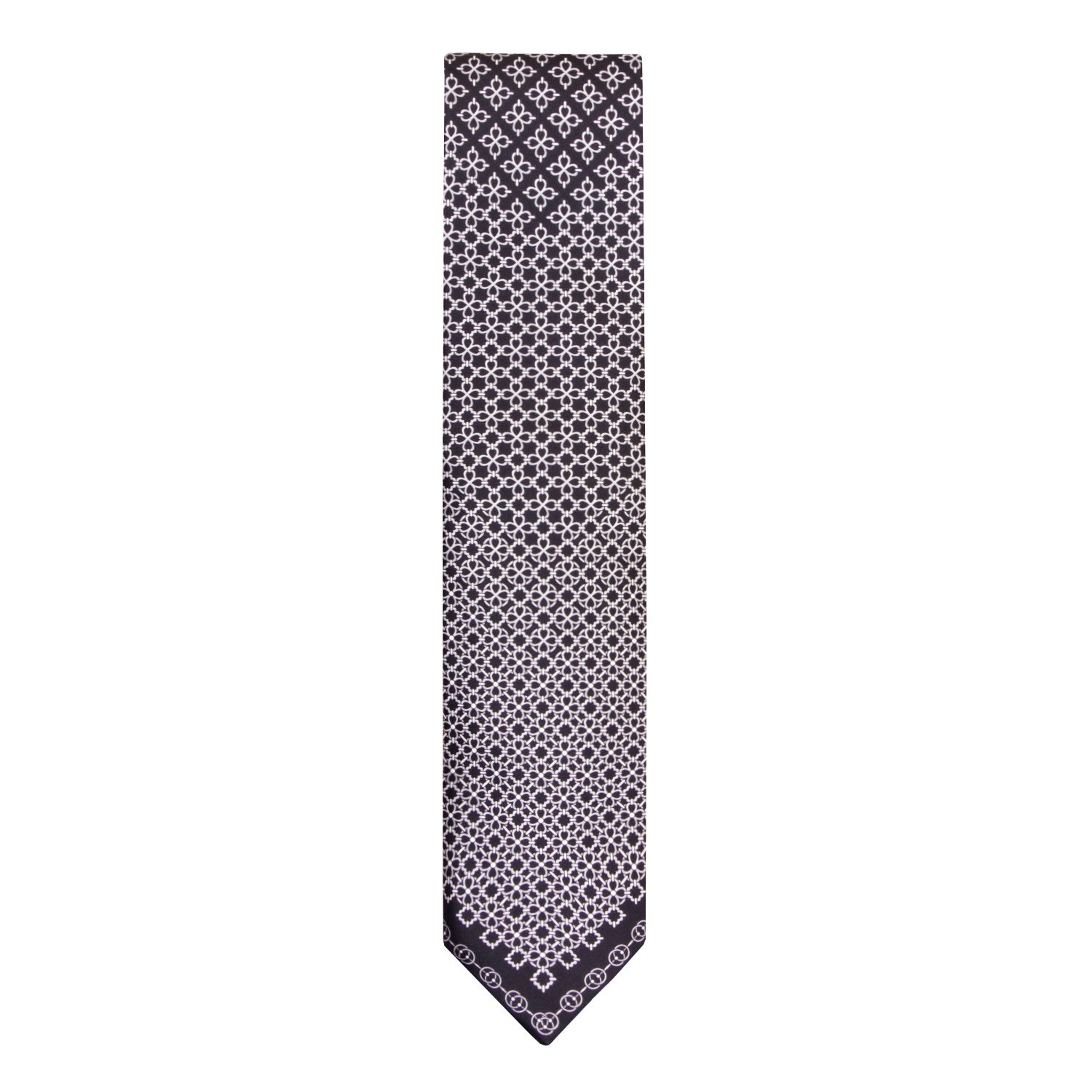 CORBATA EN SET CON PAÑUELO DE SEDA CON DIBUJOS GEOMÉTRICOS DEGRADADOS EN NEGRO Y GRIS