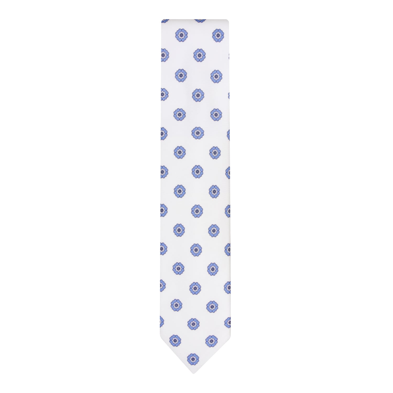 CORBATA 7 PLIEGUES EN SEDA WOOVEN CON FLORES AZULES EN BLANCO