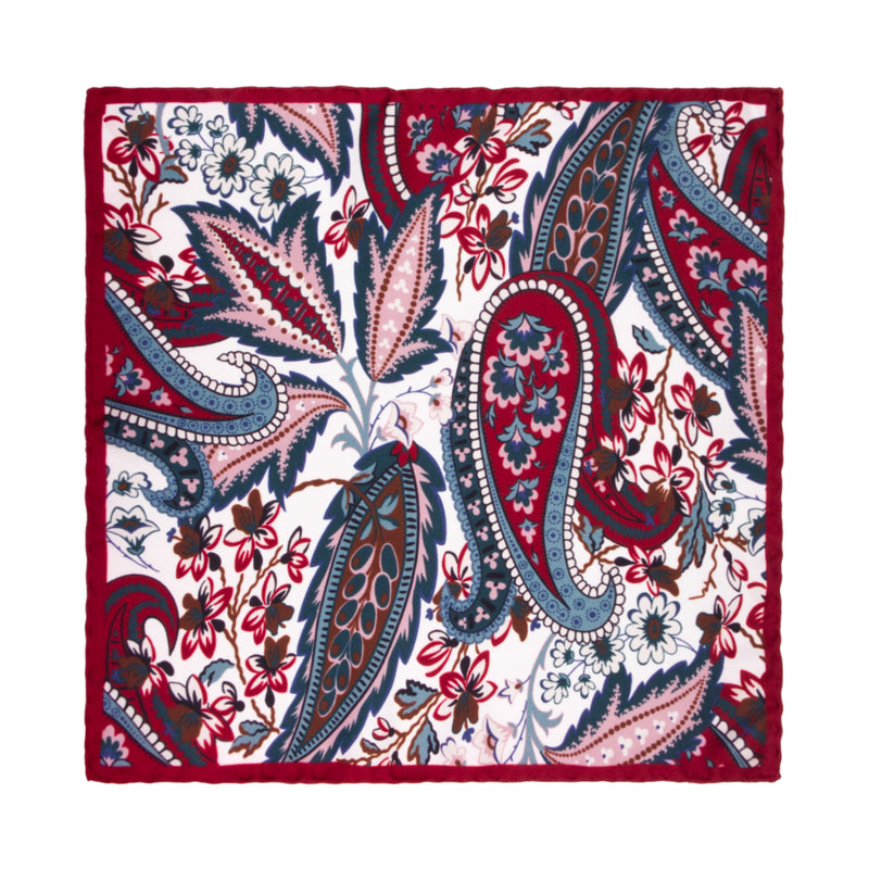 PAÑUELO DE SEDA CON FLORES EN COLOR BORDEAUX, AZUL MARINO Y ROSA