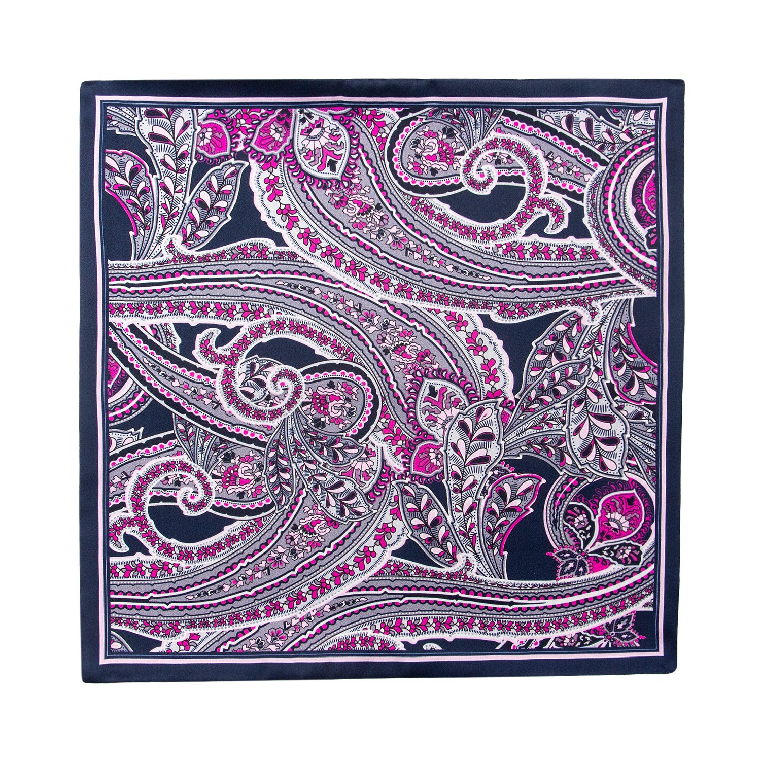 PAÑUELO DE SEDA CON GEOMETRÍAS DE CUADROS Y CÍRCULOS EN AZUL Y MORADO