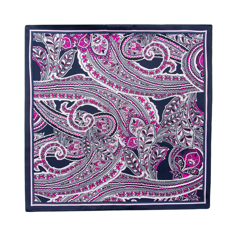 PAÑUELO DE SEDA CON GEOMETRÍAS DE CUADROS Y CÍRCULOS EN AZUL Y MORADO