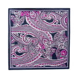 PAÑUELO DE SEDA CON GEOMETRÍAS DE CUADROS Y CÍRCULOS EN AZUL Y MORADO