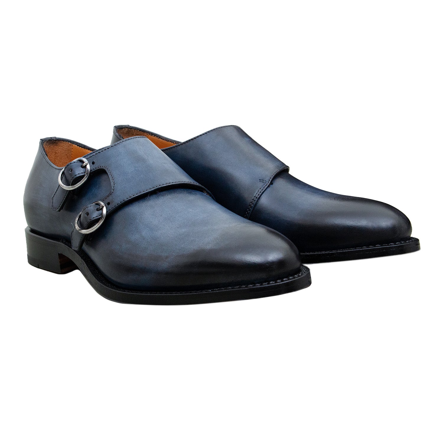 ZAPATO DOUBLE MONK ESTILO "BROGUE" EN CUERO CON PATINA A MANO EN COLOR AZUL