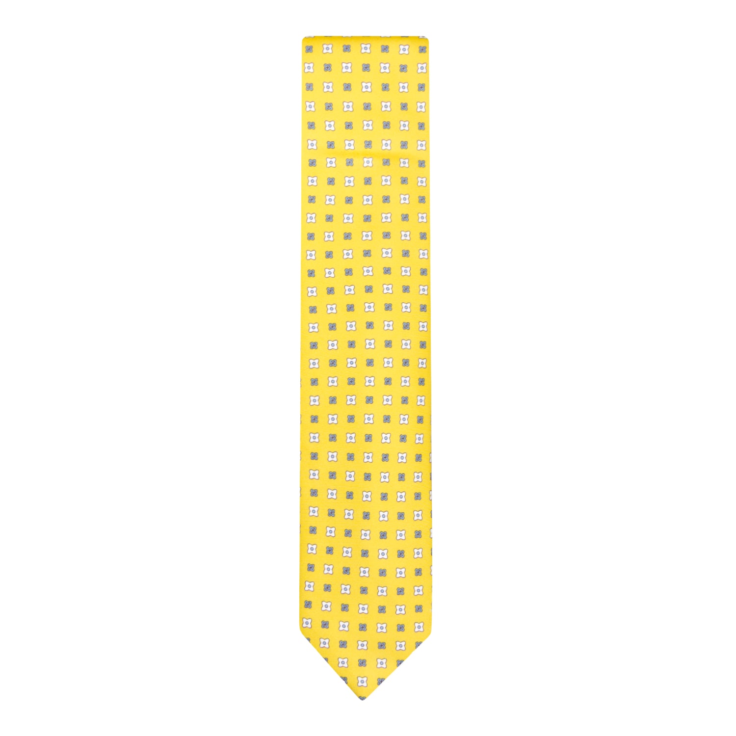 CORBATA 7 PLIEGUES EN SEDA CON FLORES BLANCAS Y AZULES EN AMARILLO