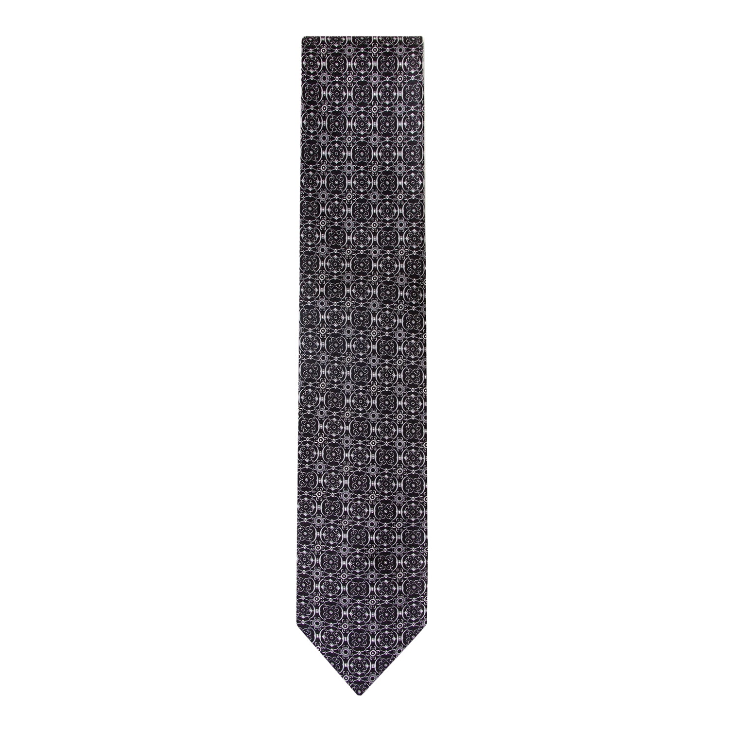CORBATA EN SET CON PAÑUELO DE SEDA CON DIBUJOS GEOMÉTRICOS EN NEGRO Y GRIS