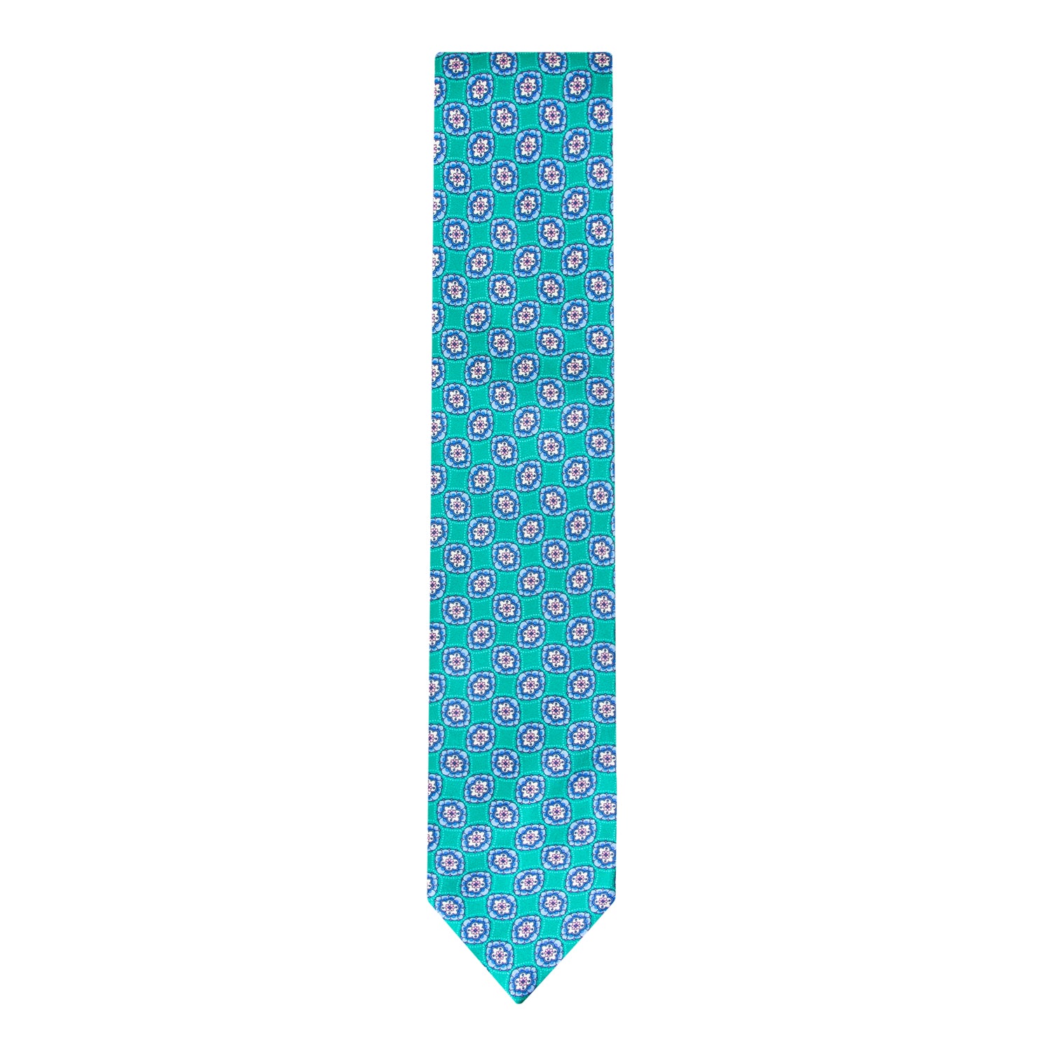 CORBATA EN SET CON PAÑUELO DE SEDA CON DIBUJOS GEOMÉTRICOS EN AZUL AGUA Y VERDE