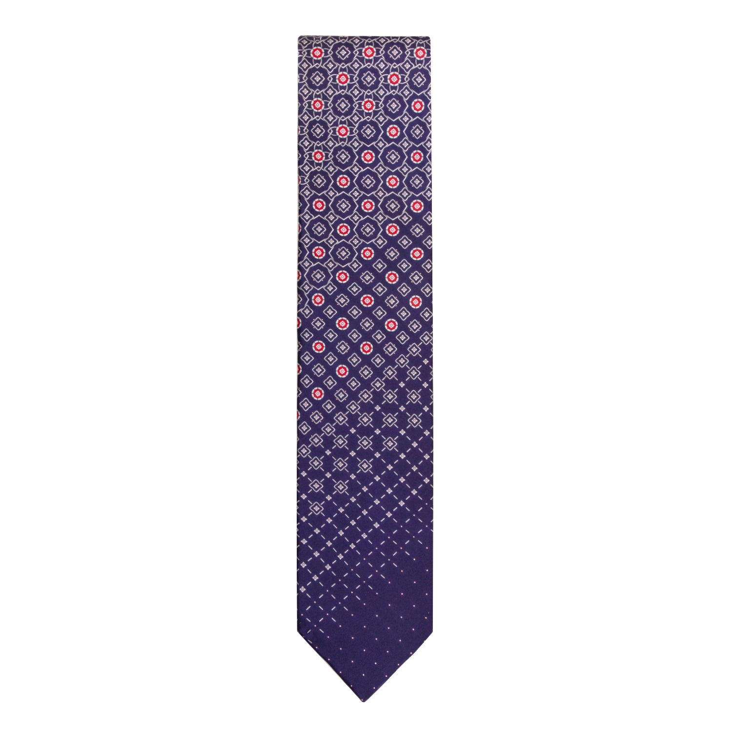 CORBATA EN SET CON PAÑUELO DE SEDA CON DIBUJOS GEOMÉTRICOS DE GRIS Y AZUL MEDIANOCHE