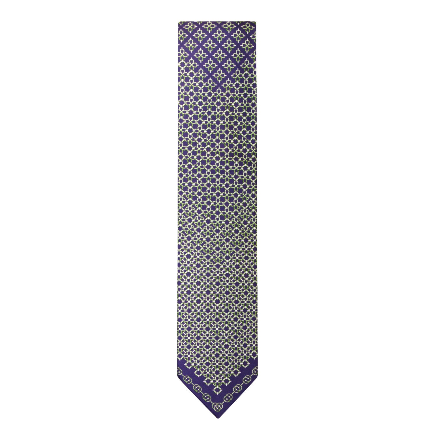 CORBATA EN SET CON PAÑUELO DE SEDA CON DIBUJOS GEOMÉTRICOS, ANILLOS Y PUNTOS VERDES EN AZUL MARINO