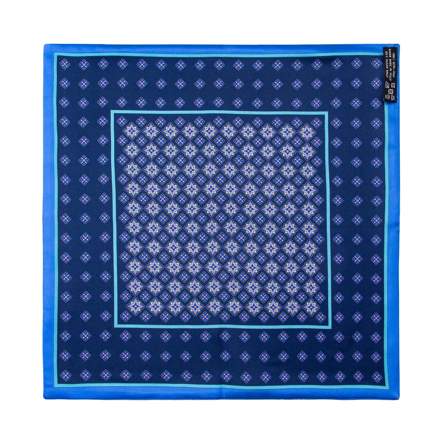 PAÑUELO DE SEDA MILLEFIORI AZUL CON DETALLES EN AZUL Y AMARILLO