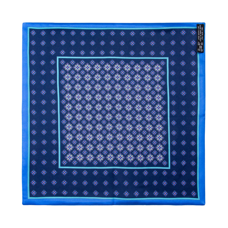 PAÑUELO DE SEDA MILLEFIORI AZUL CON DETALLES EN AZUL Y AMARILLO