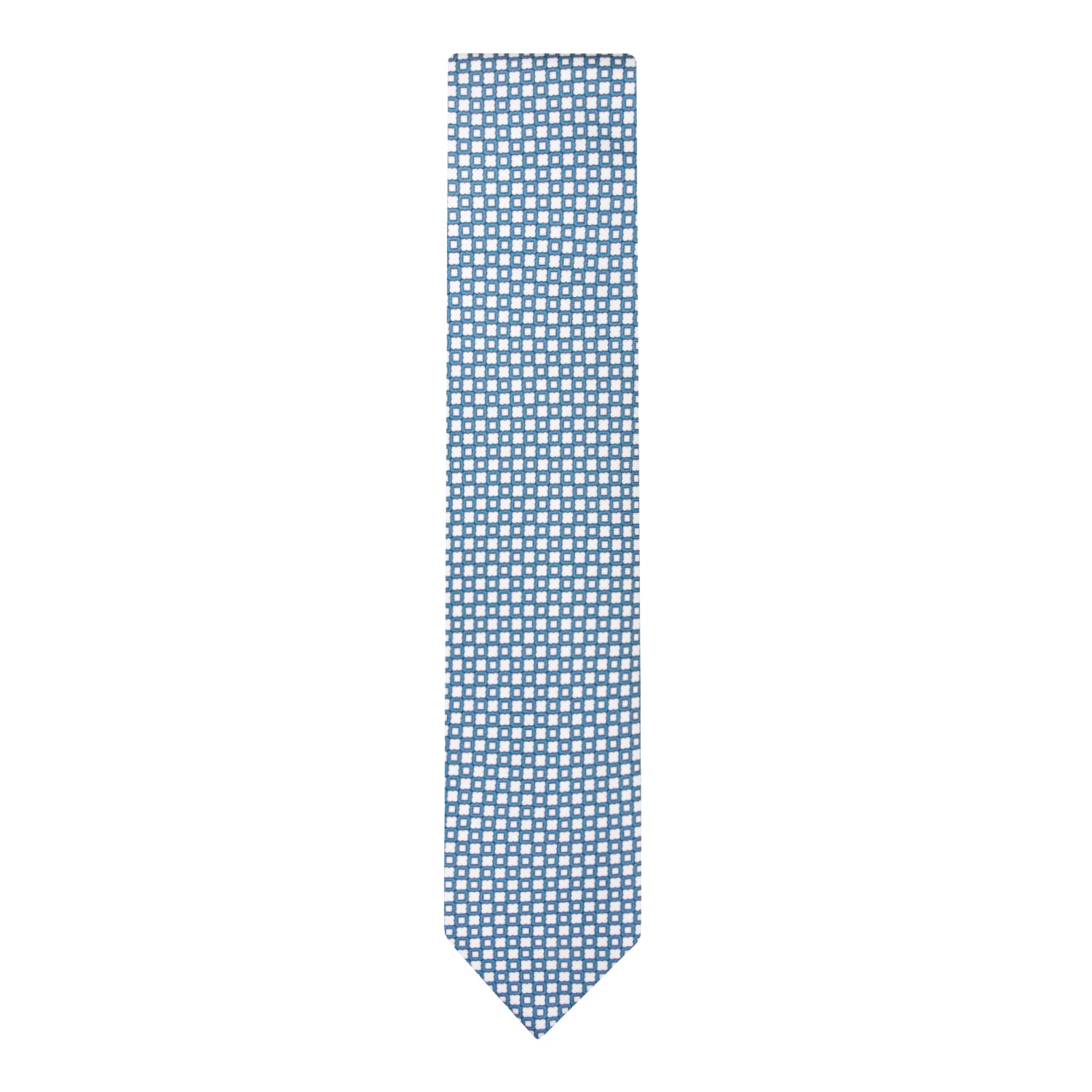 CORBATA 7 PLIEGUES EN SEDA WOOVEN CON PUNTOS Y FLORES BLANCAS EN AZUL
