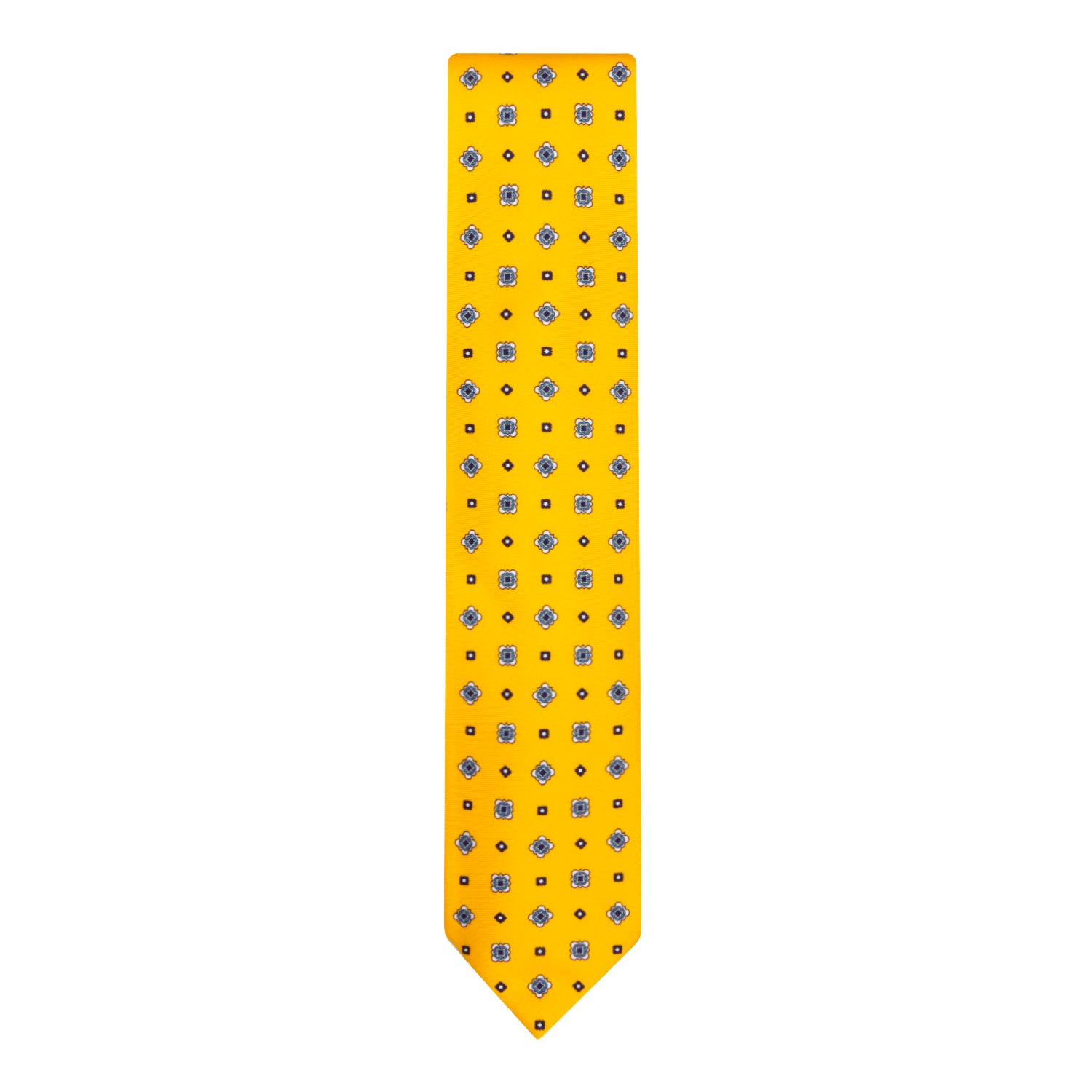 CORBATA 7 PLIEGUES EN SEDA CON FLORES BLANCAS Y AZULES Y PUNTOS EN AZUL MEDIANOCHE EN AMARILLO