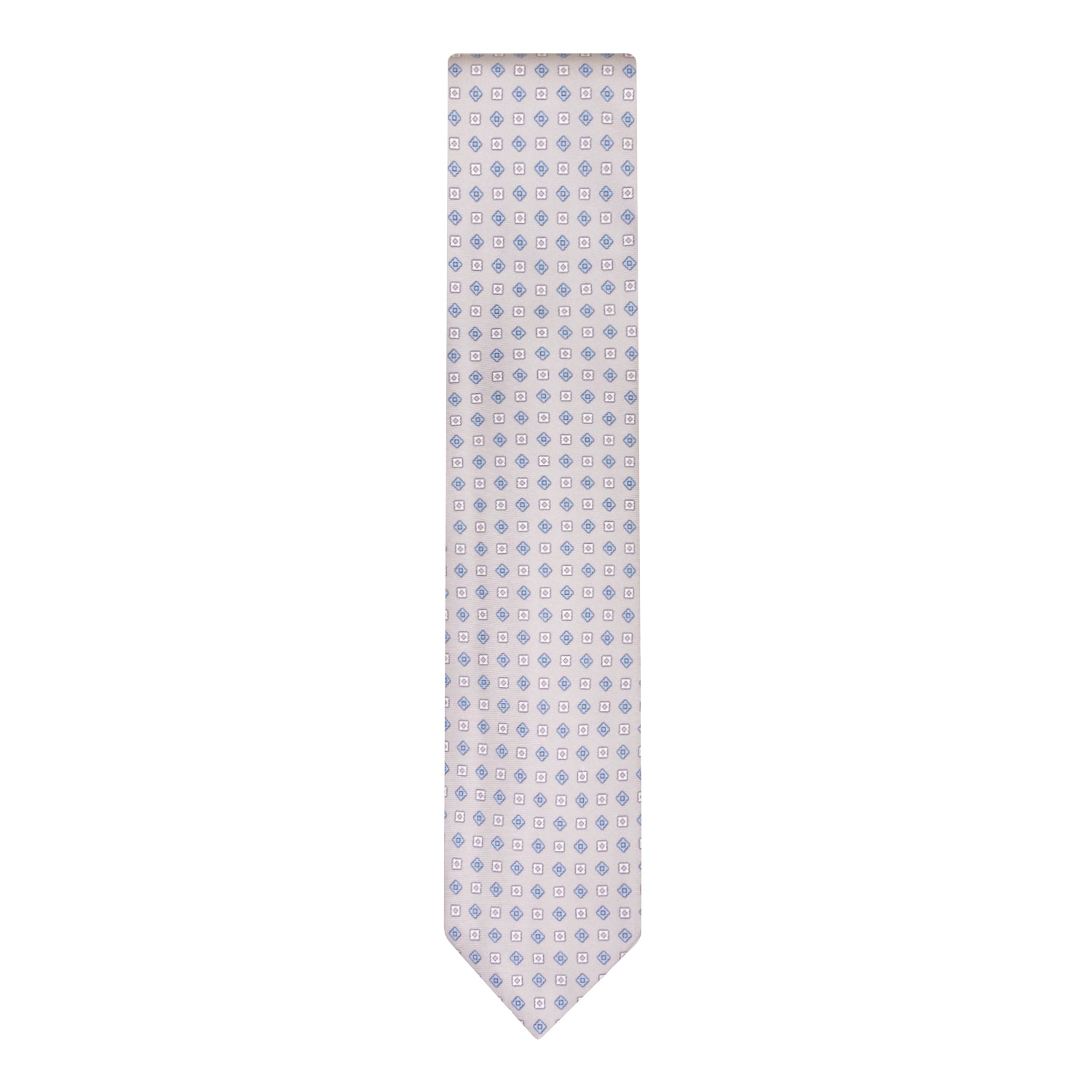 CORBATA 7 PLIEGUES EN SEDA CON ROMBOS AZULES Y FLORES BLANCAS EN GRIS