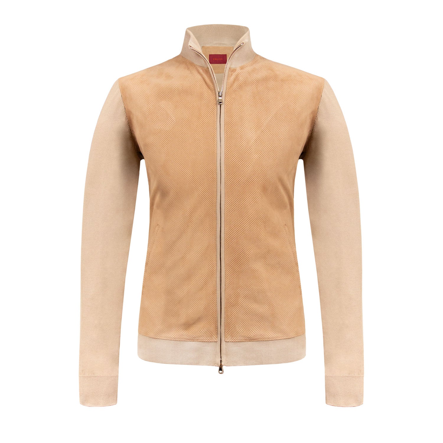 CHAMARRA LIGERA CON DELANTERO EN PIEL PERFORADA COLOR CAFÉ OBSCURO