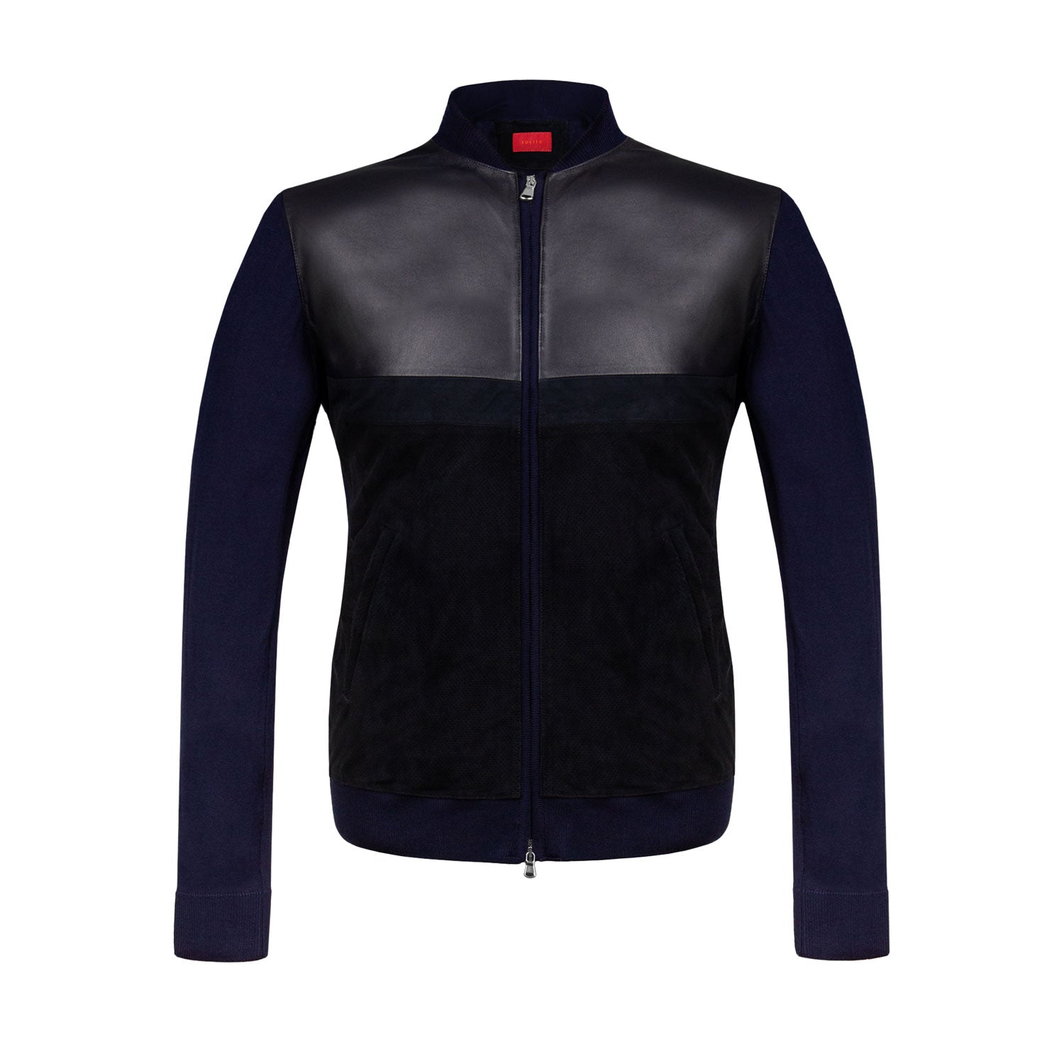 CHAMARRA LIGERA CON DELANTERO EN PIEL, PIEL PERFORADA Y SUEDE COLOR AZUL OBSCURO