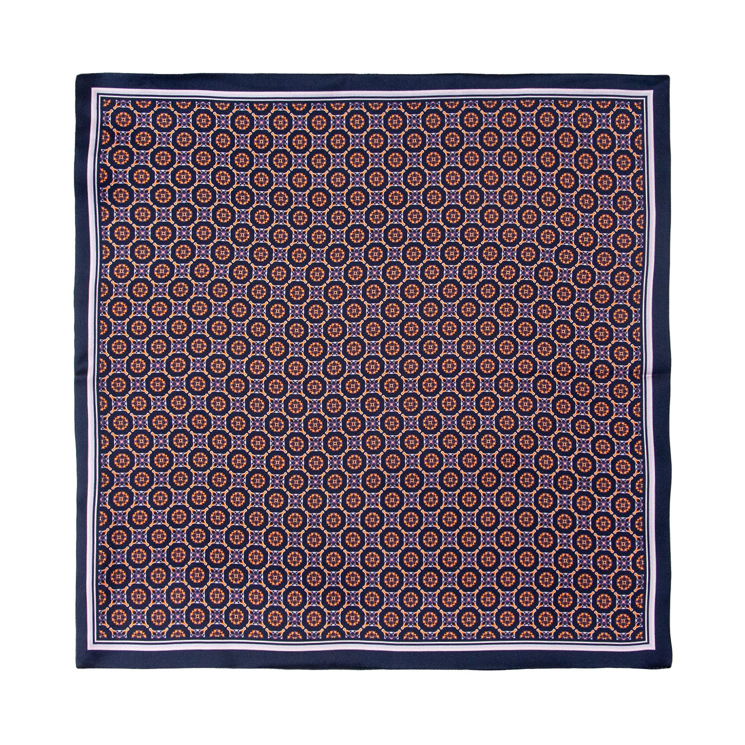 PAÑUELO DE SEDA CON GEOMETRÍAS DE CUADROS Y CÍRCULOS EN AZUL Y NARANJA