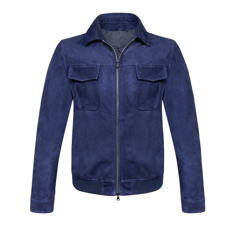 CHAMARRA CORTA DE GAMUZA "SUEDE" ULTRA LIGERA ESTILO BIKER EN COLOR AZUL OBSCURO CON CUELLO DE CAMISA