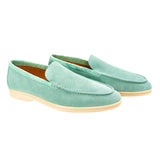 LOAFER BAJOS EN SUEDE Y DETALLES EN COCODRILO CONSTRUCCIÓN SACCHETTO COLOR VERDE TURQUESA