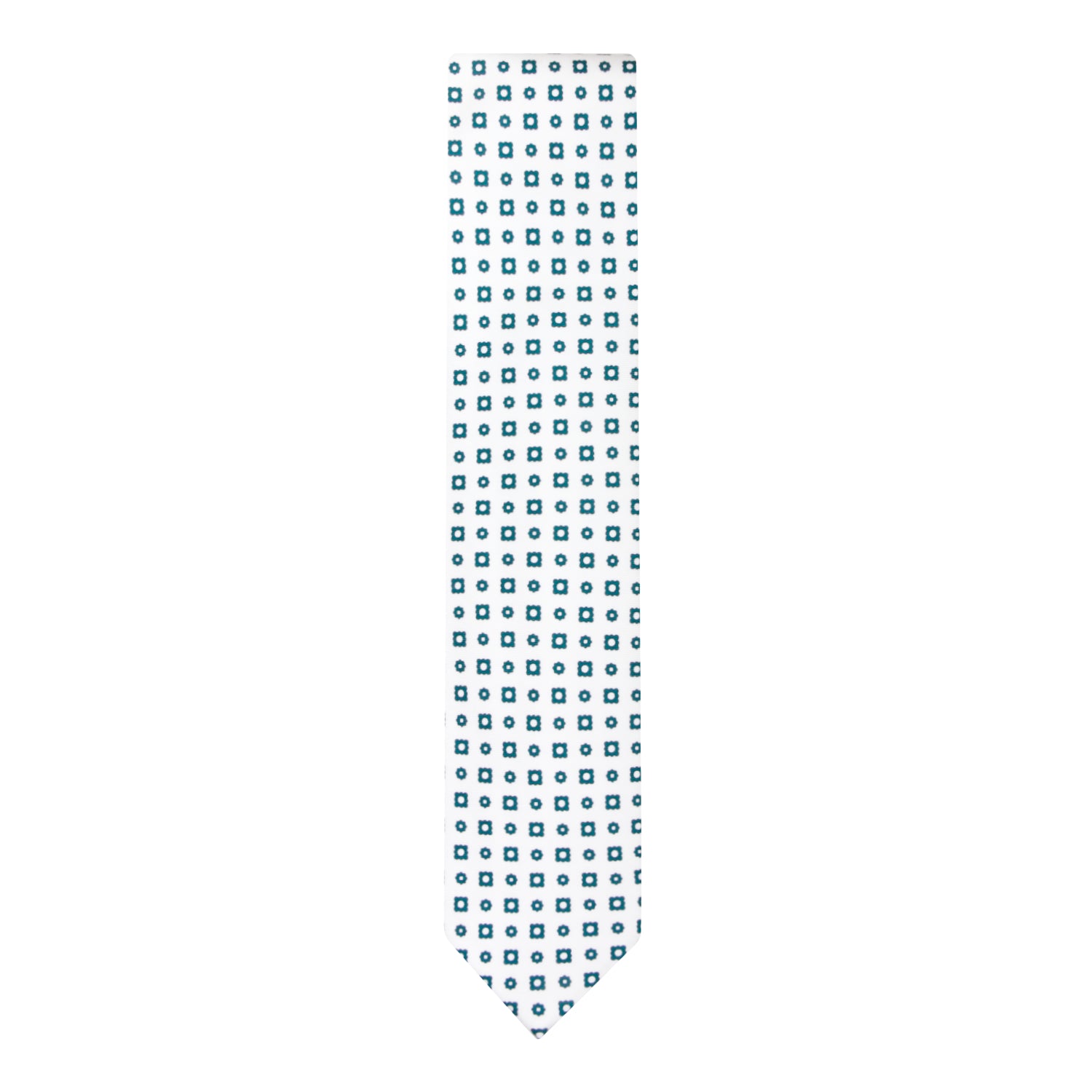CORBATA 7 PLIEGUES EN SEDA WOOVEN CON CUADROS Y PUNTOS VERDES EN BLANCO