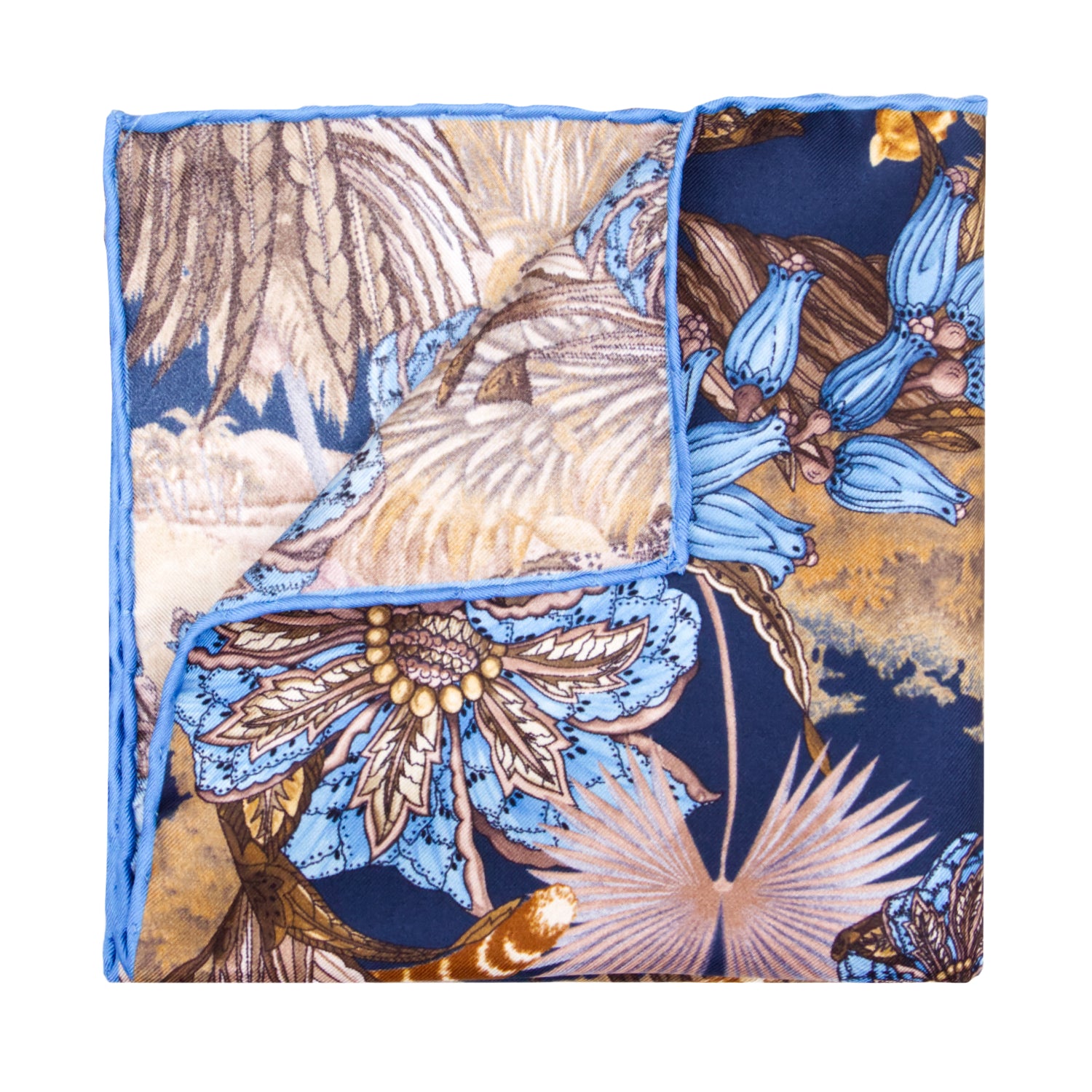 PAÑUELO DE SEDA CON FLORES Y ANIMALES EN COLOR AZUL, MARRÓN Y AZUL MARINO