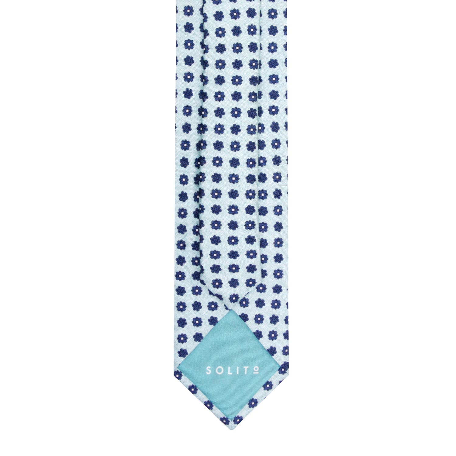 CORBATA 7 PLIEGUES EN SEDA EN DISEÑO LINO CON FLORES AZUL MEDIANOCHE EN AZUL CLARO