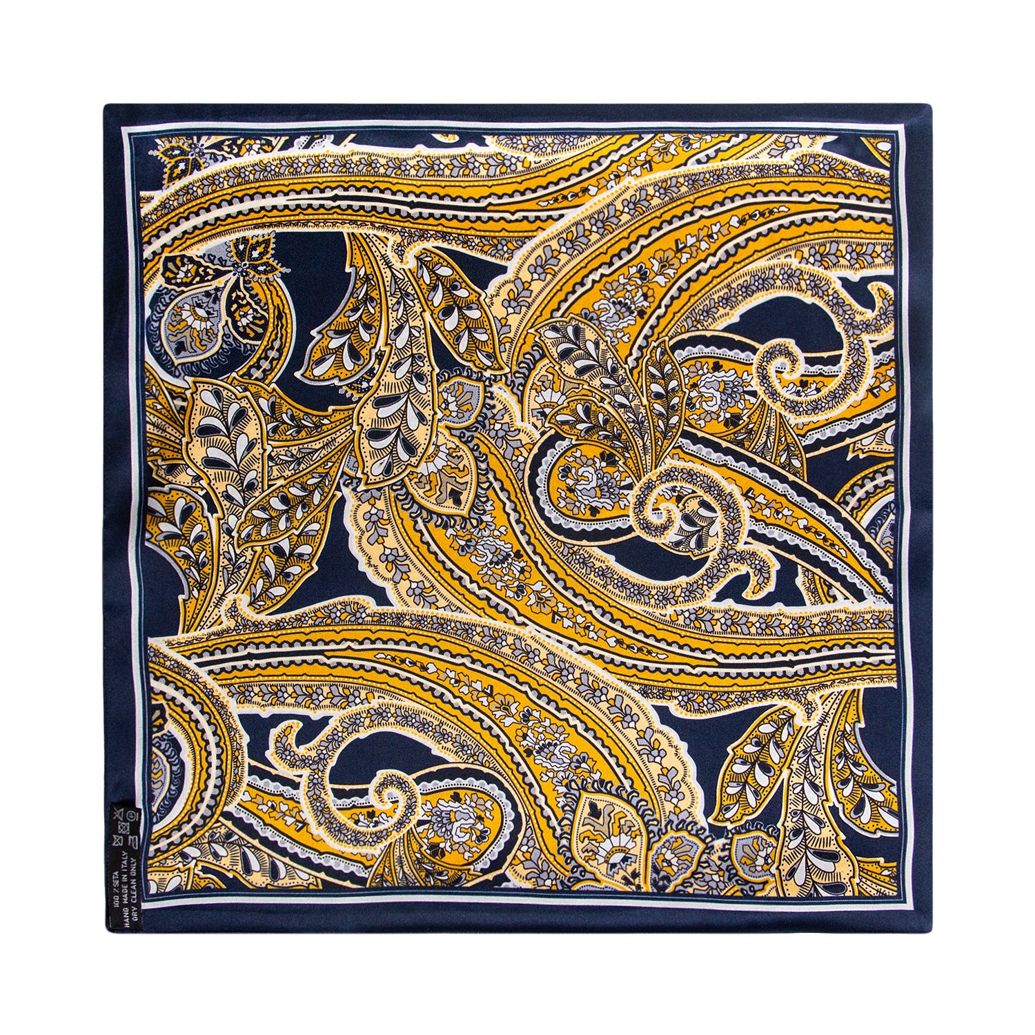 PAÑUELO DE SEDA CON GEOMETRÍAS DE CUADROS Y CÍRCULOS EN AZUL Y ORO