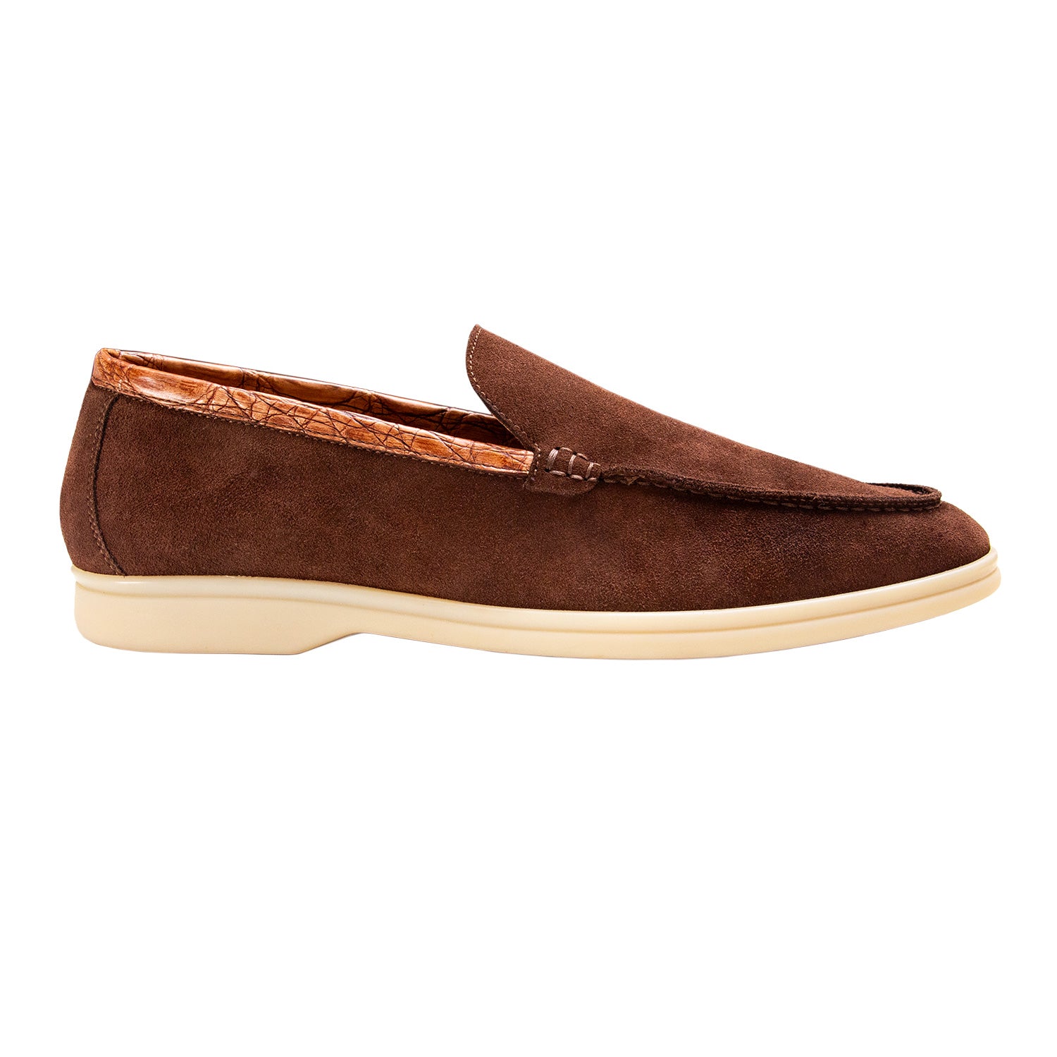LOAFER BAJOS EN SUEDE Y DETALLES EN COCODRILO CONSTRUCCIÓN SACCHETTO COLOR MARRÓN