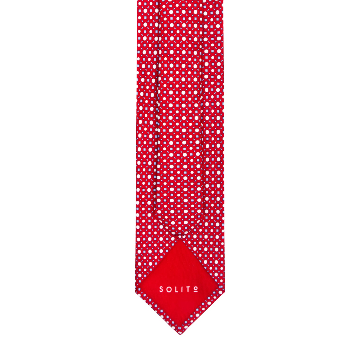 CORBATA 7 PLIEGUES EN SEDA CON LINEAS AZULES Y PUNTOS BLANCOS EN ROJO