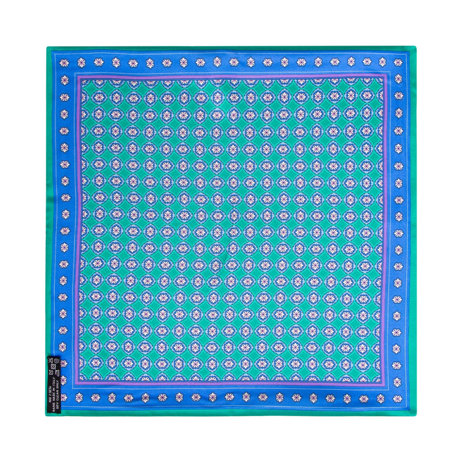 PAÑUELO DE SEDA VERDE CON DETALLES FLOREALES BLANCO Y AZULES
