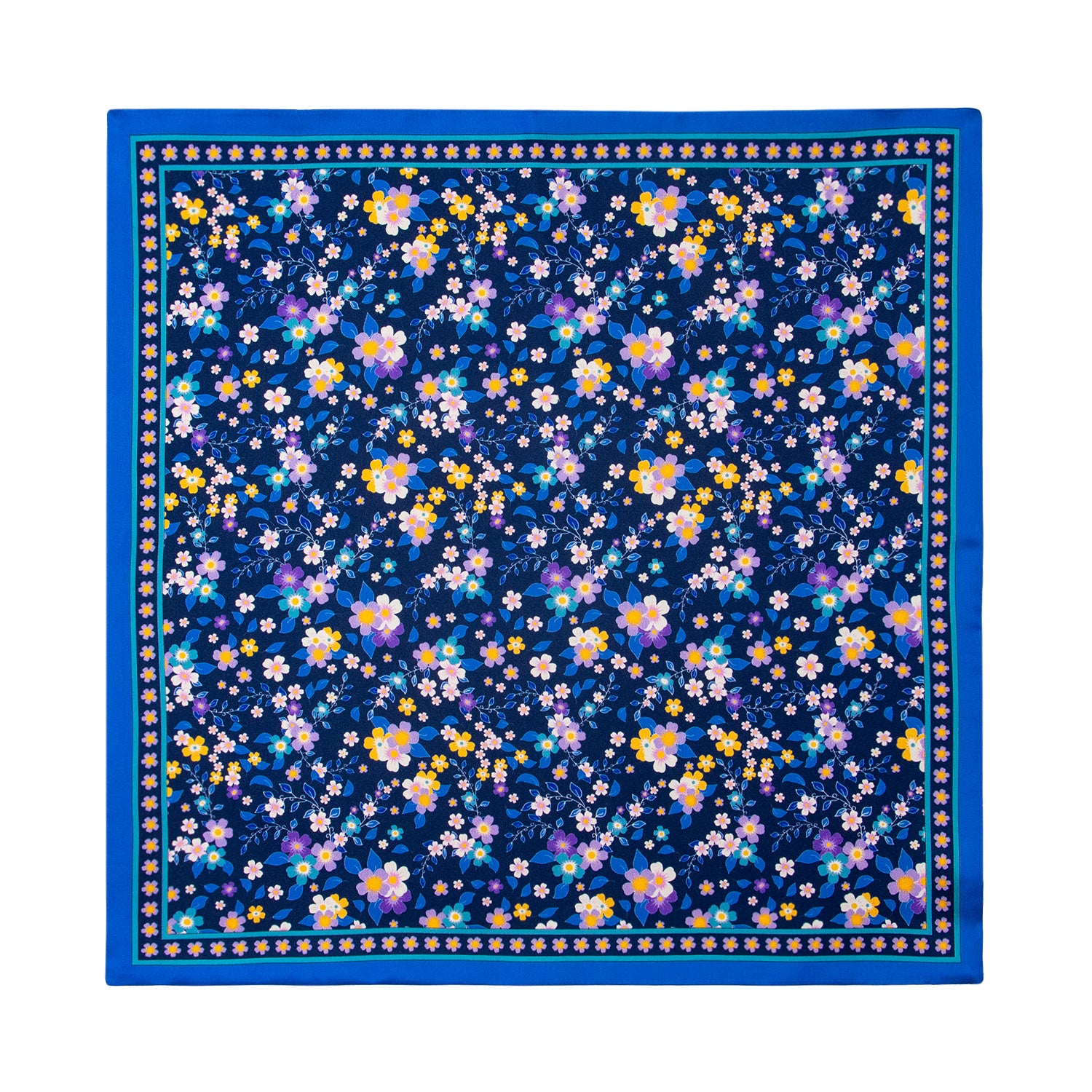 PAÑUELO DE SEDA MILLEFIORI AZUL CON DETALLES EN AZUL Y AMARILLO