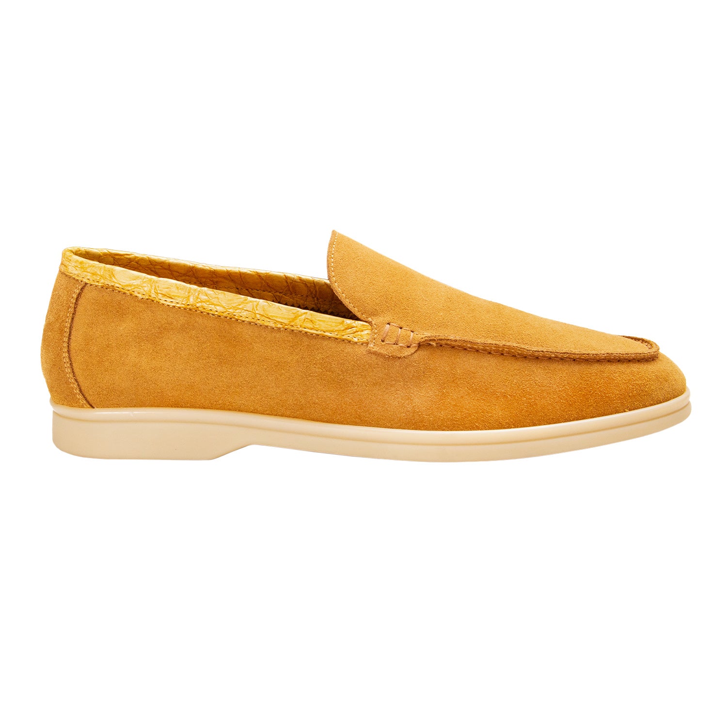 LOAFER BAJOS EN SUEDE Y DETALLES EN COCODRILO CONSTRUCCIÓN SACCHETTO COLOR CAMEL