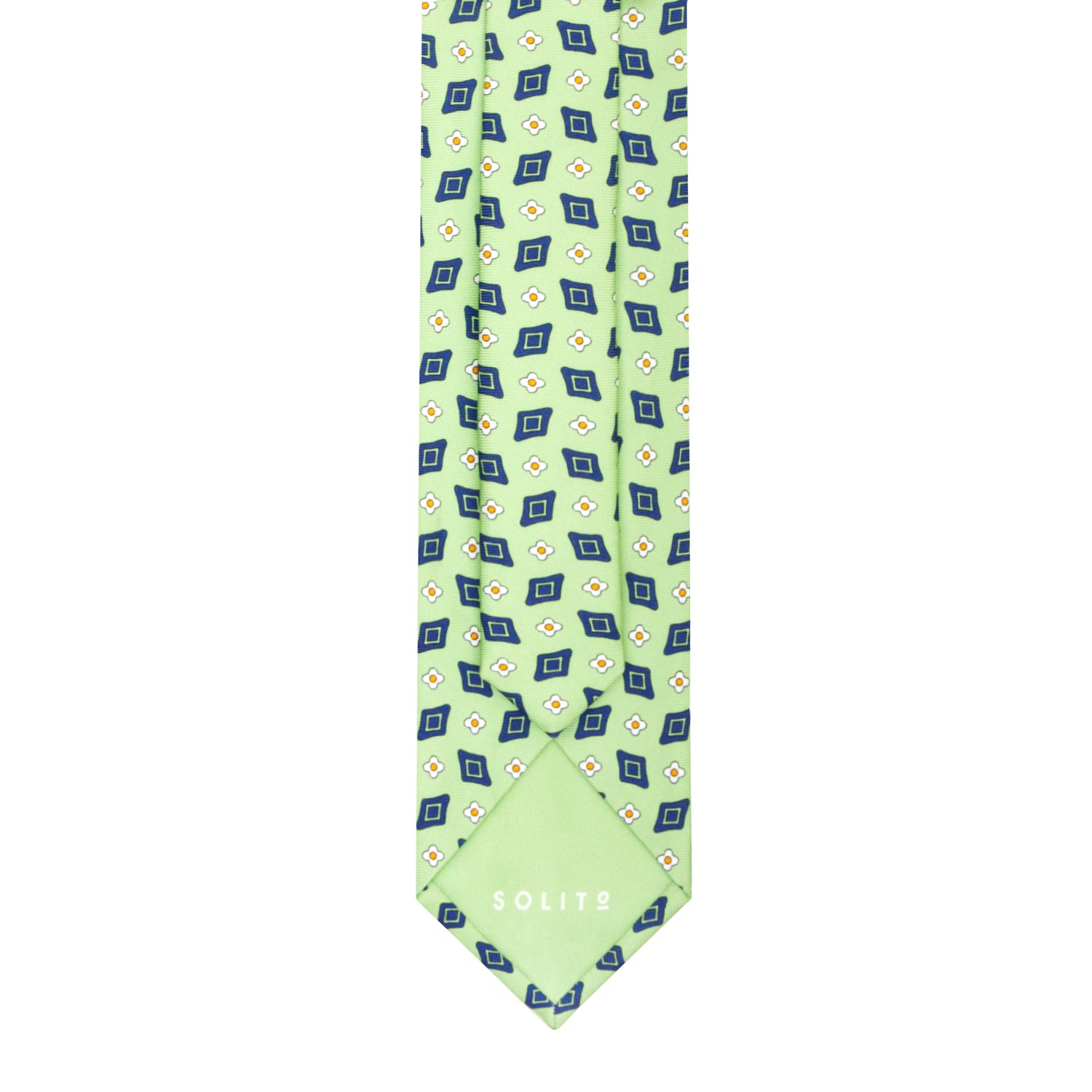CORBATA 7 PLIEGUES EN SEDA CON FLORES BLANCAS Y ROMBOS VERDES EN VERDE CLARO