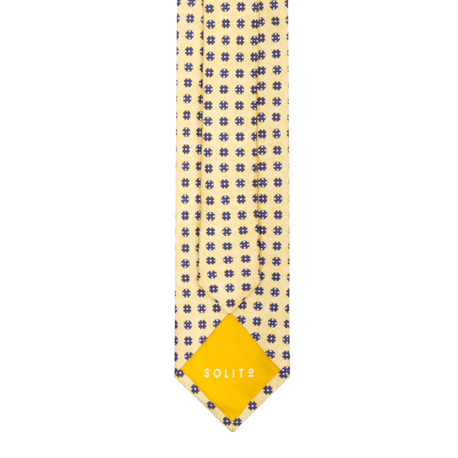 CORBATA 7 PLIEGUES EN SEDA EN DISEÑO LINO CON TONDOS AZUL MEDIANOCHE EN AMARILLO