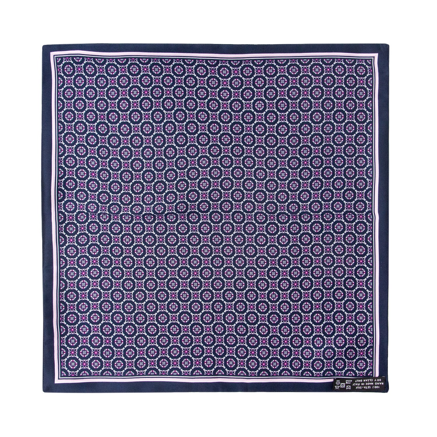 PAÑUELO DE SEDA CON GEOMETRÍAS DE CUADROS Y CÍRCULOS EN AZUL Y MORADO
