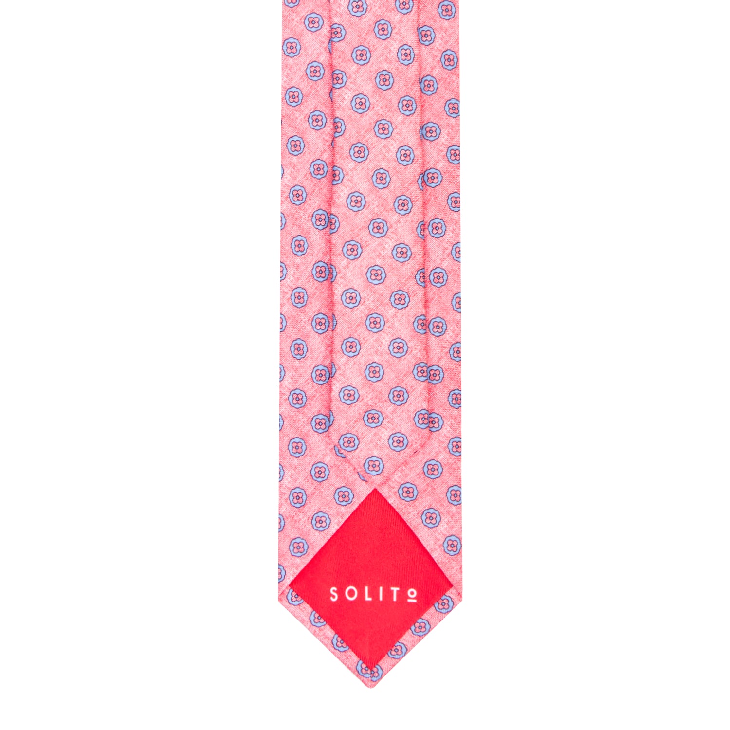 CORBATA 7 PLIEGUES EN SEDA EN DISEÑO LINO CON FLORES ROJAS Y AZULES EN ROJO