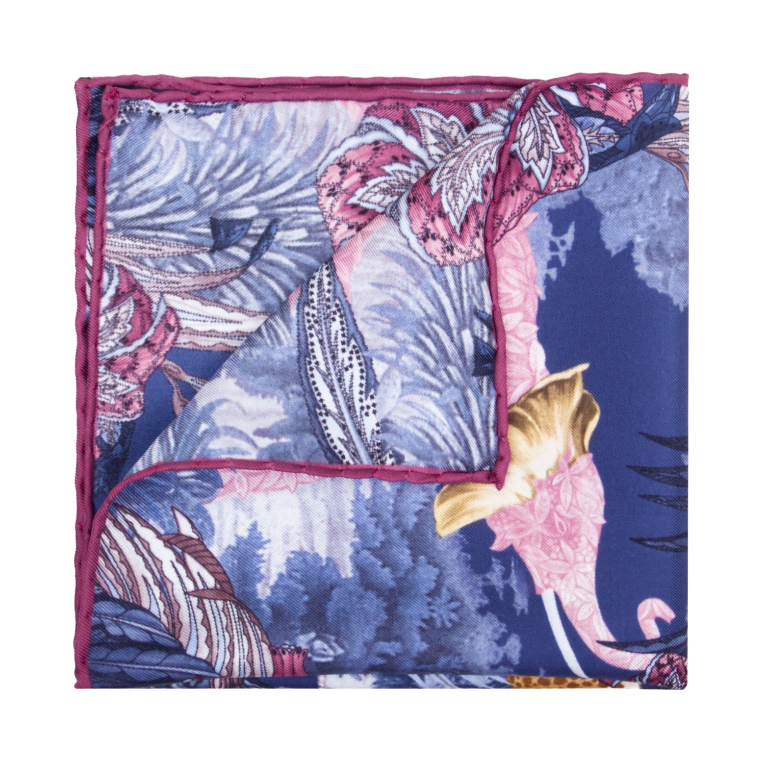 PAÑUELO DE SEDA CON FLORES Y ANIMALES EN COLOR BEIGE, MARRÓN, GRIS Y ROSA