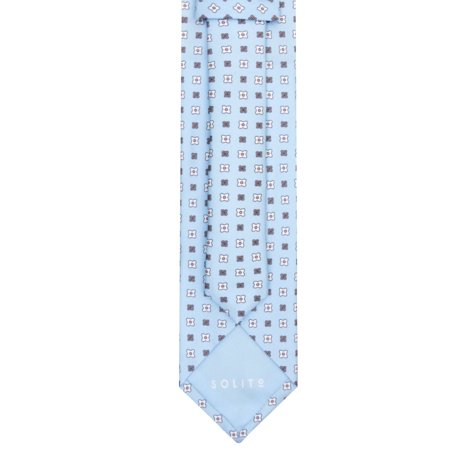 CORBATA 7 PLIEGUES EN SEDA CON FLORES BLANCAS Y MARRONES EN AZUL CIELO