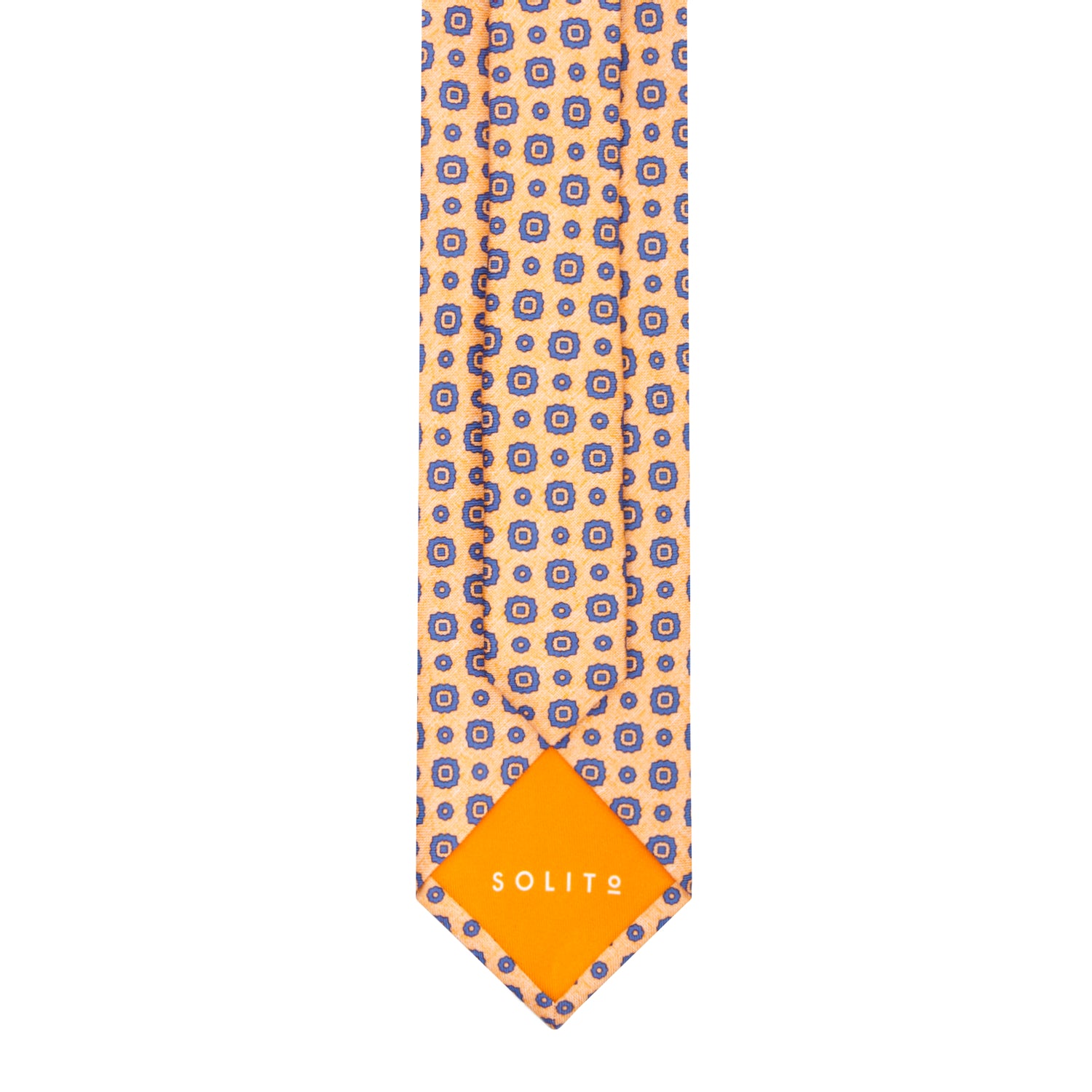 CORBATA 7 PLIEGUES EN SEDA EN DISEÑO LINO CON CUADROS Y PUNTOS AZULES EN NARANJA