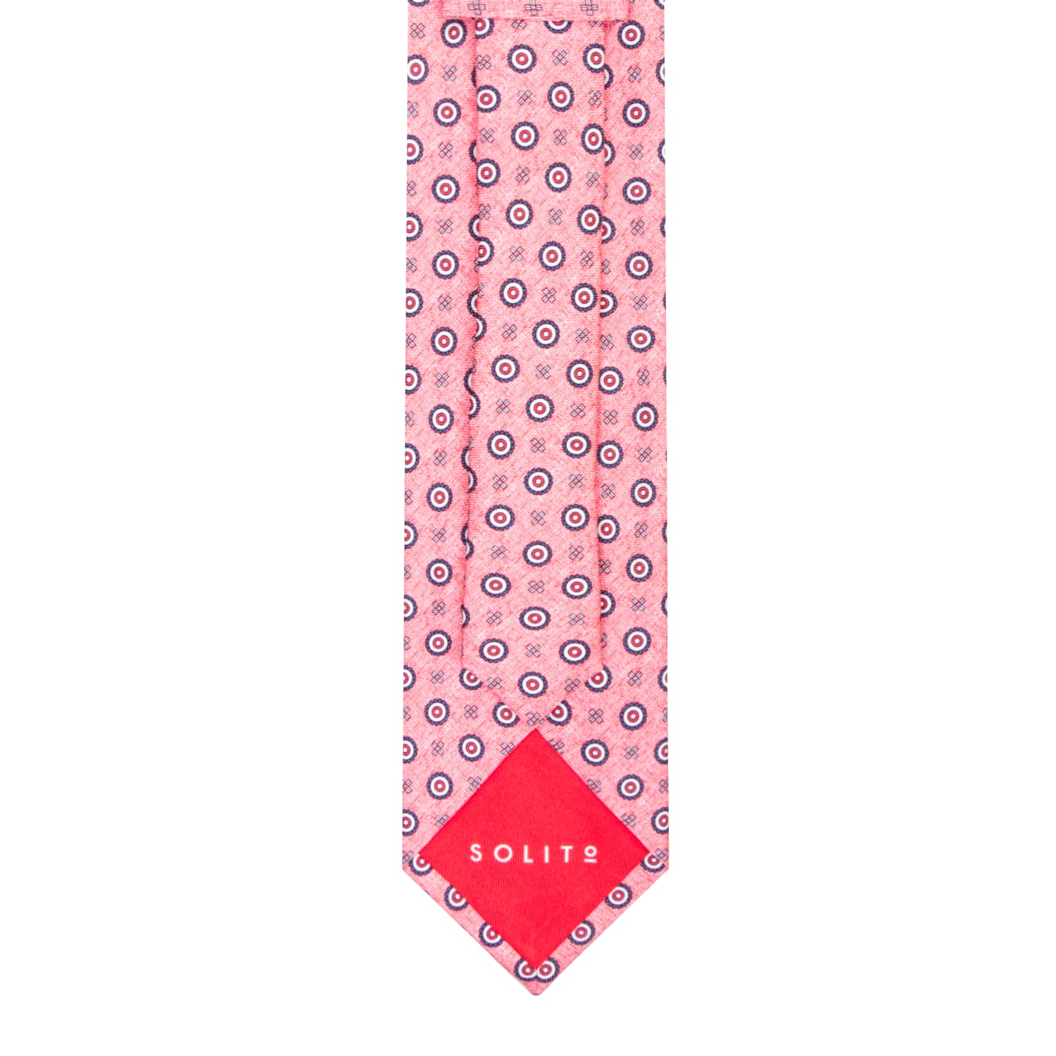 CORBATA 7 PLIEGUES EN SEDA DISEÑO LINO CON TONDOS EN ROJO, BLANCO Y AZUL EN ROSA