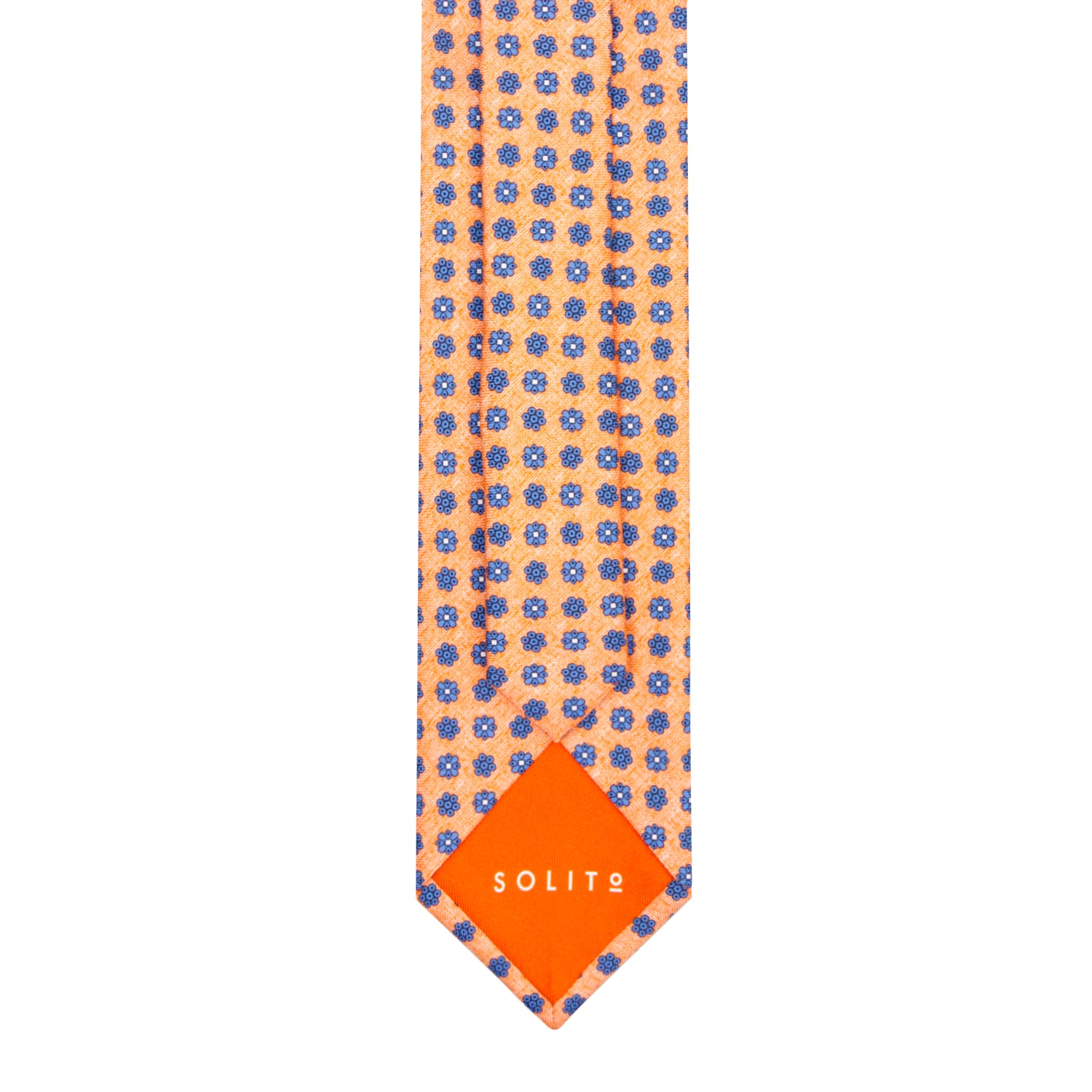 CORBATA 7 PLIEGUES EN SEDA CON DISEÑO LINO CON FLORES AZUL MEDIANOCHE EN NARANJA OBSCURO
