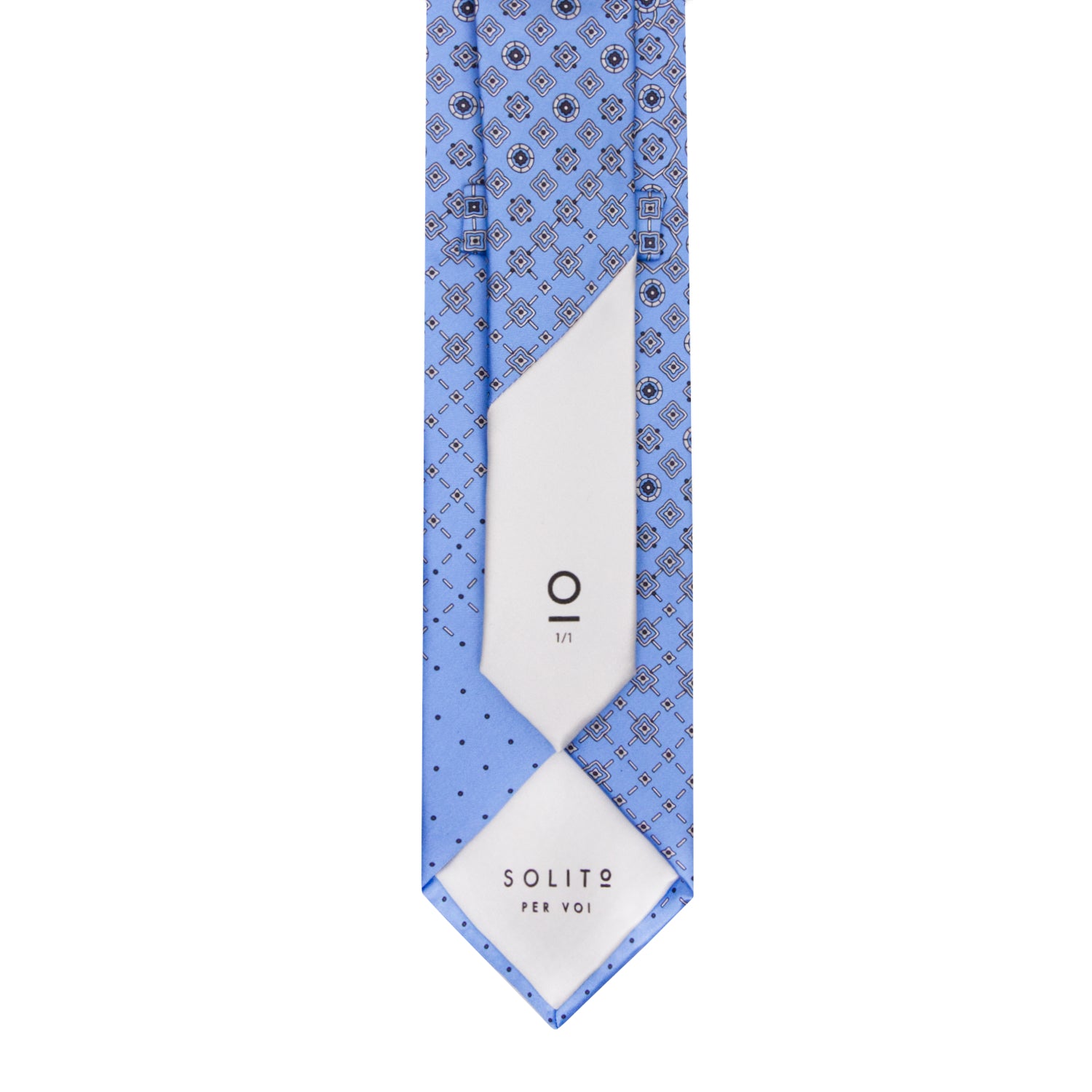 CORBATA EN SET CON PAÑUELO DE SEDA CON DIBUJOS GEOMÉTRICOS DE GRIS Y AZUL