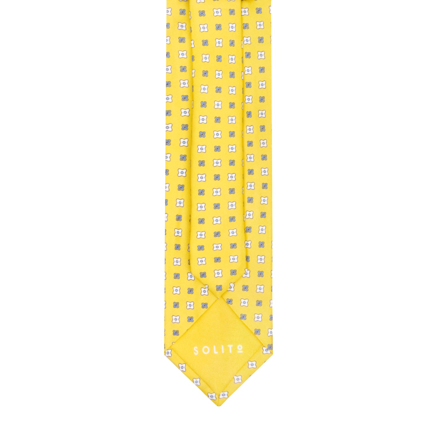 CORBATA 7 PLIEGUES EN SEDA CON FLORES BLANCAS Y AZULES EN AMARILLO