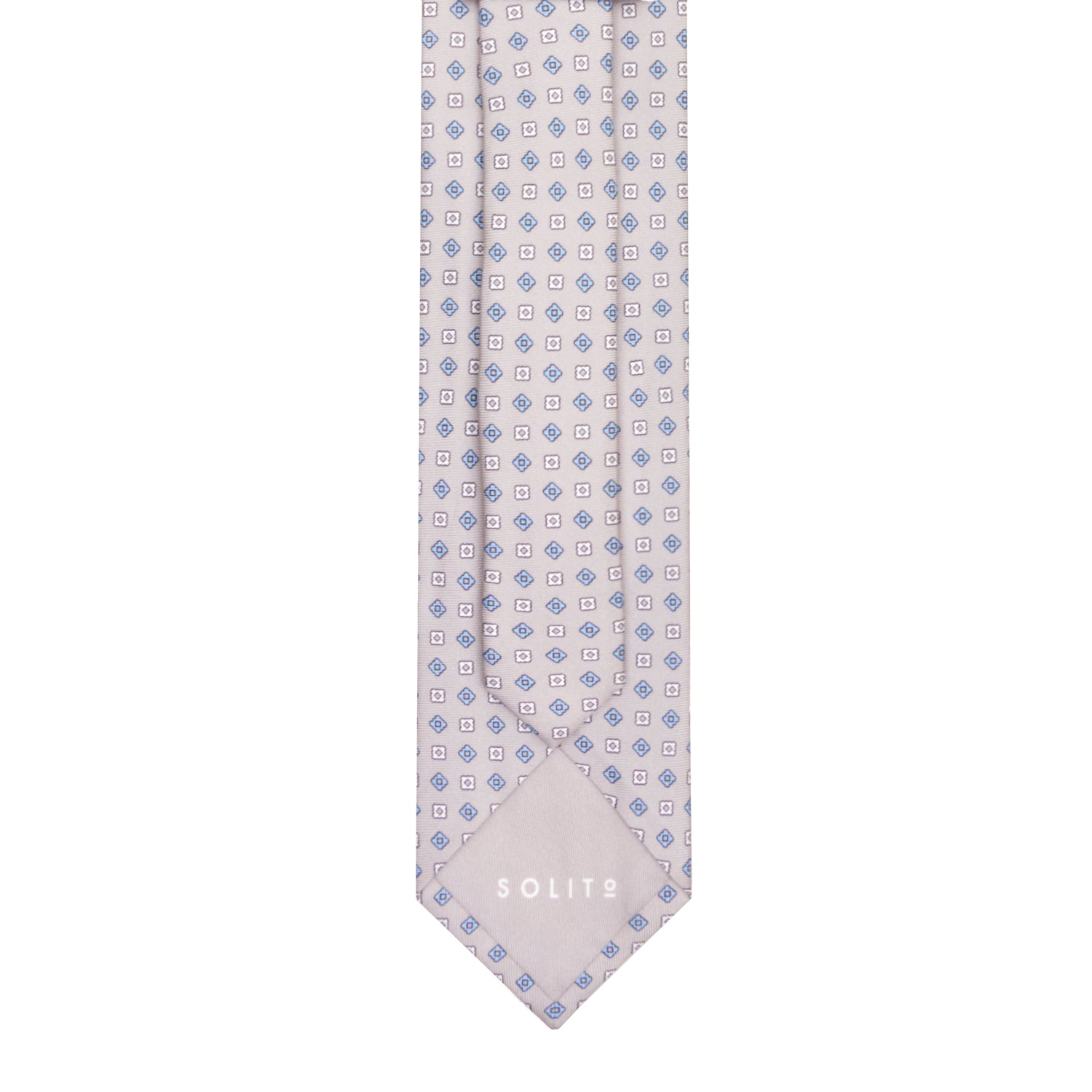 CORBATA 7 PLIEGUES EN SEDA CON ROMBOS AZULES Y FLORES BLANCAS EN GRIS