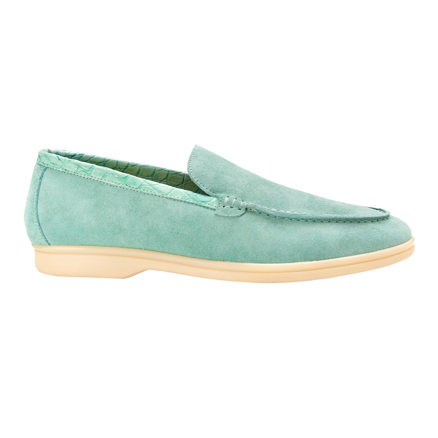 LOAFER BAJOS EN SUEDE Y DETALLES EN COCODRILO CONSTRUCCIÓN SACCHETTO COLOR VERDE TURQUESA
